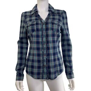Decree Womens Plaid Shirt Size M VNeck Ruffle Details Blue Gauzy Lightweight NEW